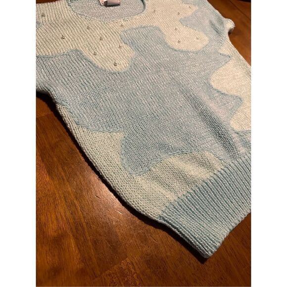 Vintage Christine Womens Embellished Pearls Teal Short Sleeve Sweater Size Small - Picture 2 of 8